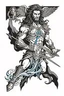  angel with a sword and gates in the background and lion with horns and blue waves tattoo design idea