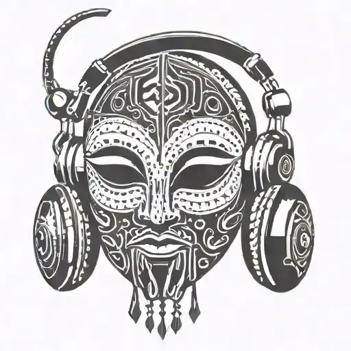 A dotwork tattoo of a tribal African mask with headphones around its neck, symbolizing the fusion of your love for African culture and music tattoo design idea