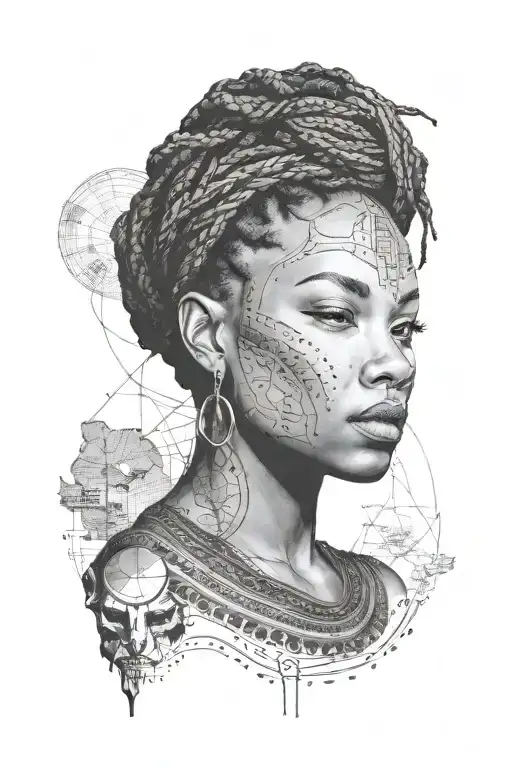 the face of a black woman with honey eyes and braids freewith a thin nose, a map of Africa and a black panther as a base tattoo design idea