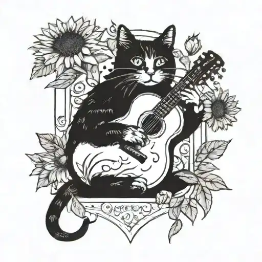 A blackwork tattoo of a cat playing a guitar surrounded by sunflowers tattoo design idea