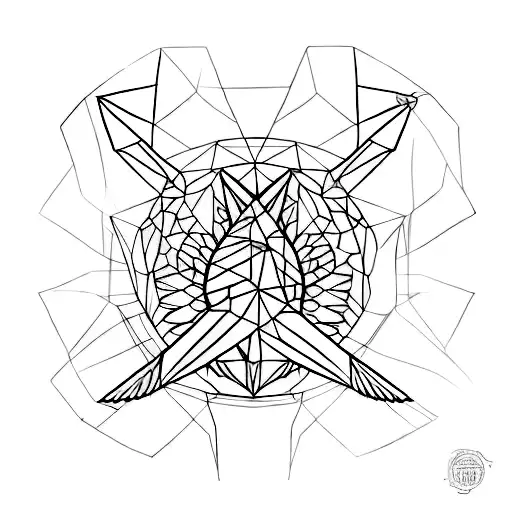 Create a minimalist tattoo of a tsuru bird surrounded by cyber-inspired geometric patterns tattoo design idea