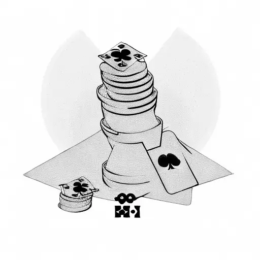 A new-school design featuring a stack of playing cards with dollar signs and dice, set against a vibrant sunset backdrop tattoo design idea