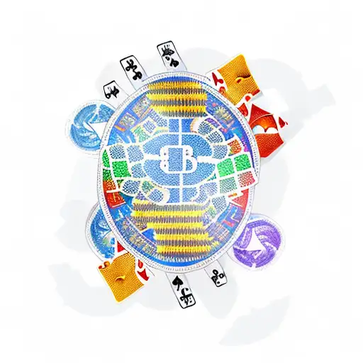 A new-school design featuring a stack of playing cards with dollar signs and dice, set against a vibrant sunset backdrop tattoo design idea
