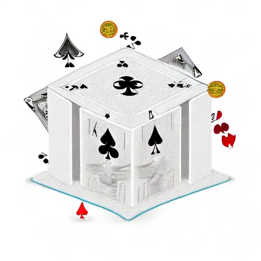 A new-school design featuring a stack of playing cards with dollar signs and dice, set against a vibrant sunset backdrop tattoo design idea