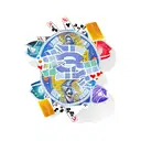 A new-school design featuring a stack of playing cards with dollar signs and dice, set against a vibrant sunset backdrop tattoo design idea