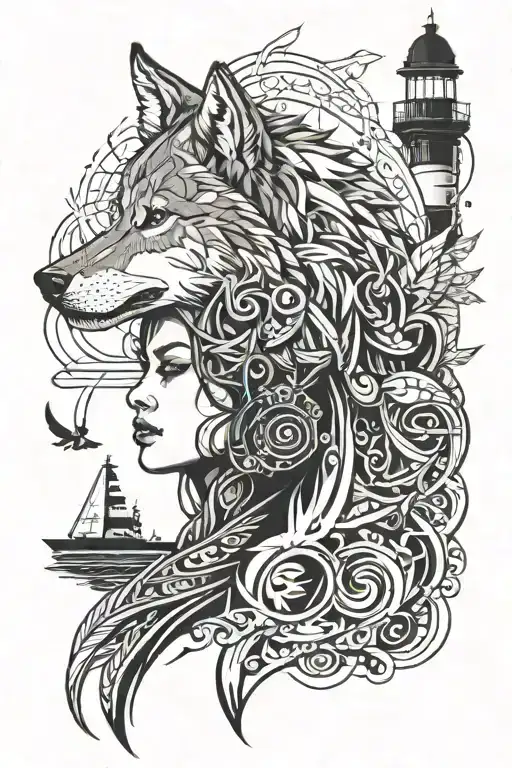 woman's face merged with a wolf, with a background of a lighthouse on the right  tattoo design idea