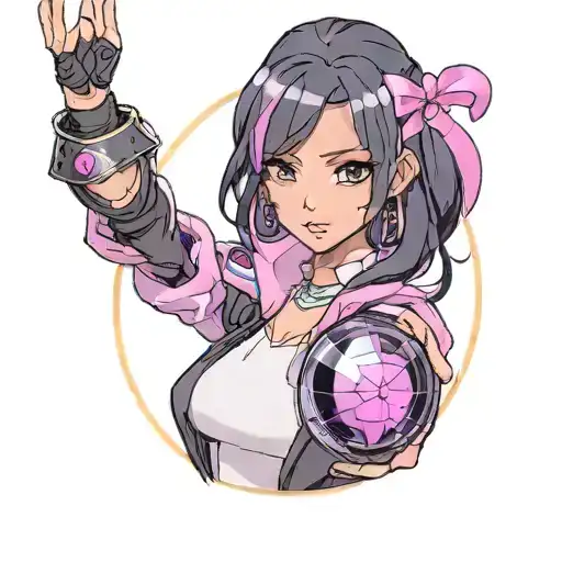 black straight hair latina girl with pink highlights dressed in black holding a purple orb valorant reyna tattoo design idea