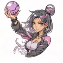 black straight hair latina girl with pink highlights dressed in black holding a purple orb valorant reyna tattoo design idea