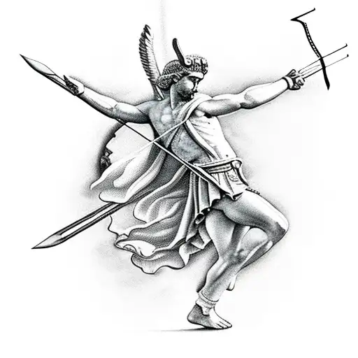 God Apollo with bow and arrow and Temple of Apollo in background tattoo design idea