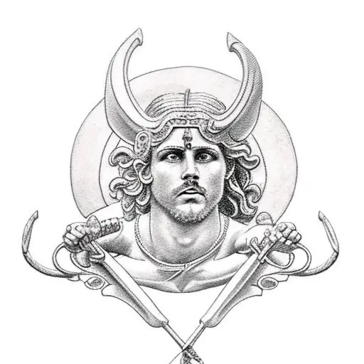 God Apollo with bow and arrow and Temple of Apollo in background tattoo design idea