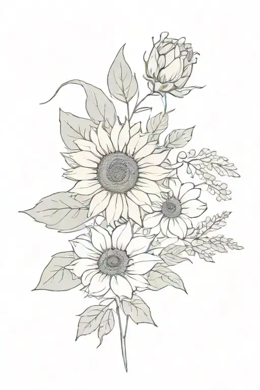 sunflower and eucalyptus , and lavender bouquet    tattoo design idea