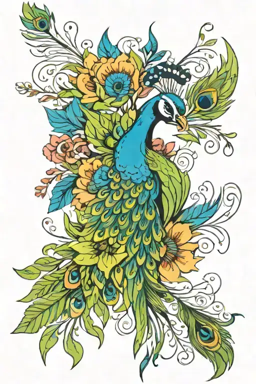 wild flowers and peacock feathers  tattoo design idea