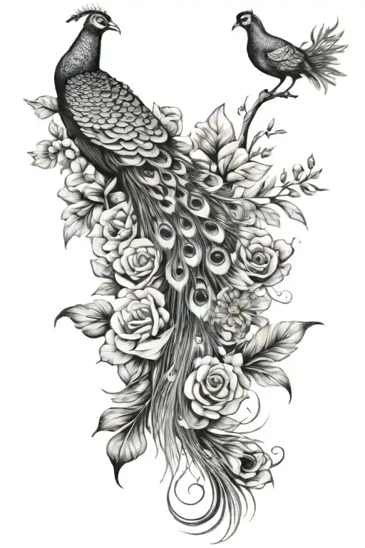 wild flowers and peacock feathers  tattoo design idea