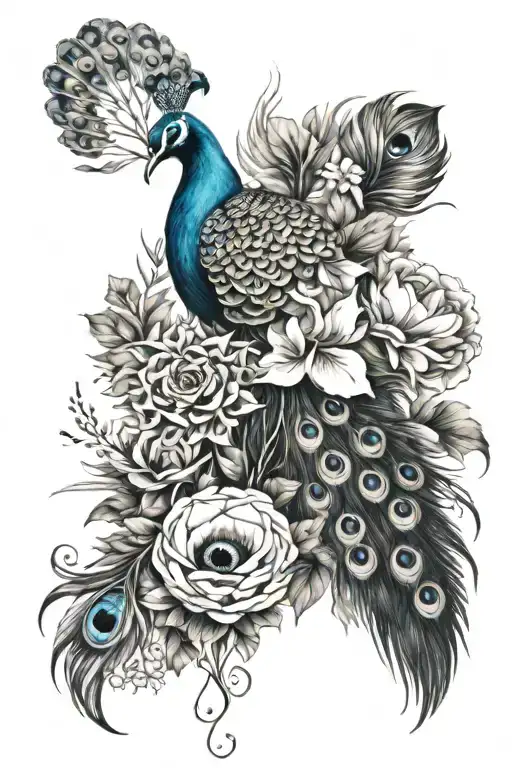 wild flowers and peacock feathers  tattoo design idea