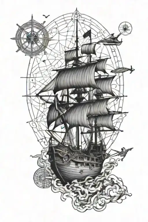 metatron sacred geometry map pirate ship sailing towards tattoo design idea