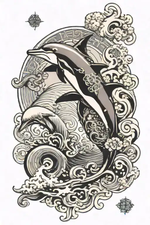 Dolphin jumping out of ocean whit metatron cube tattoo design idea