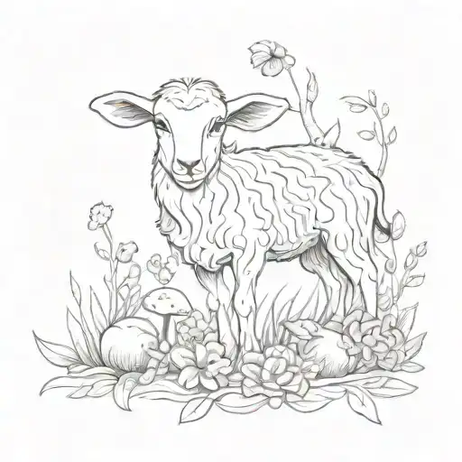 lies a dead lamb, plants and mushrooms grow from its body and ribs, tattoo sketch, view from above, vector art, clean ar tattoo design idea