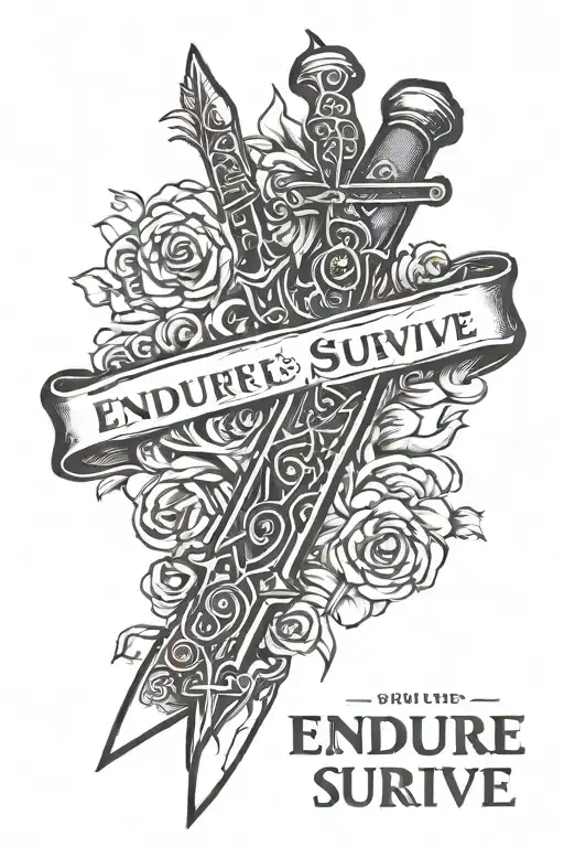 switchblade knife with small letters that say "endure and survive" tattoo design idea
