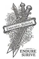 switchblade knife with small letters that say "endure and survive" tattoo design idea