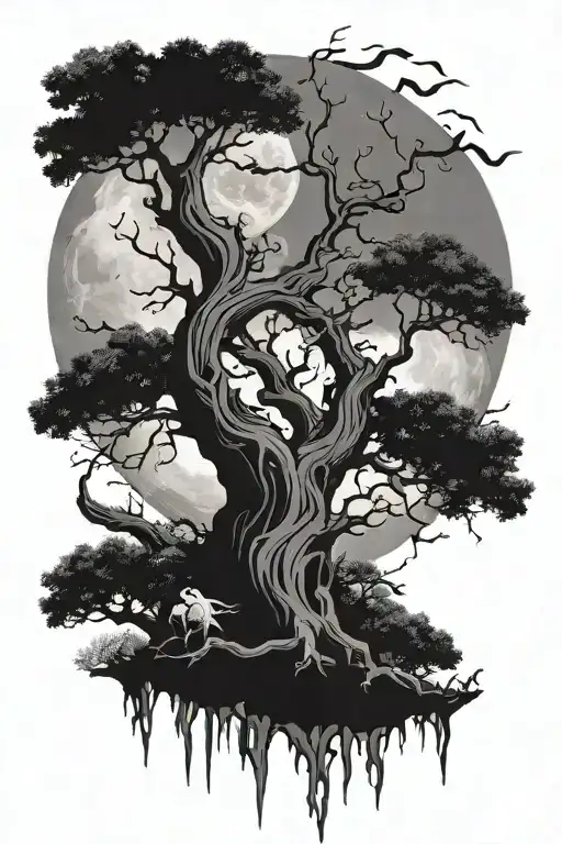 Poison tree devouring the moon surrounded tattoo design idea