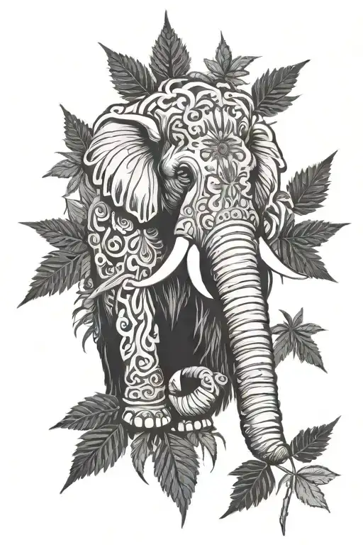 Mammoth and marijuana leaves tattoo design idea