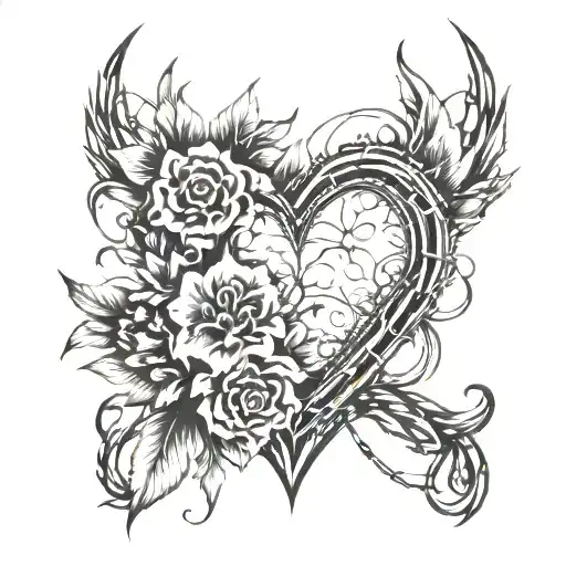 gothic-style tattoo design featuring a halo of vibrant flowers and a heart-shaped barbed wire tattoo design idea