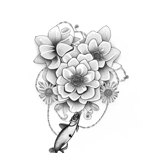A collection of various fishing lures intertwined with delicate flowers tattoo design idea