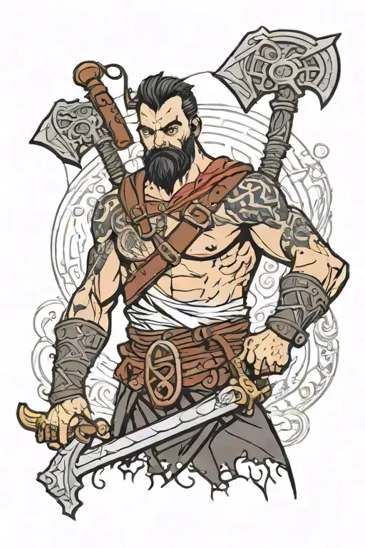 hero from the game Baldur's Gate III Karlakh with an ax tattoo design idea