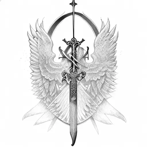 cross with wings and swords behind it tattoo design idea