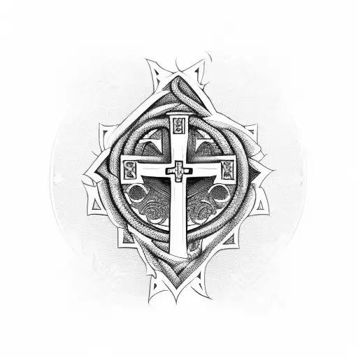 big cross with swords behind it tattoo design idea