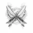 cross with wings and swords behind it tattoo design idea