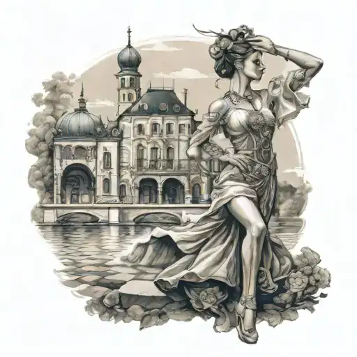 A Ukrainian landscape with traditional architecture and a ballroom dancer in the foreground tattoo design idea