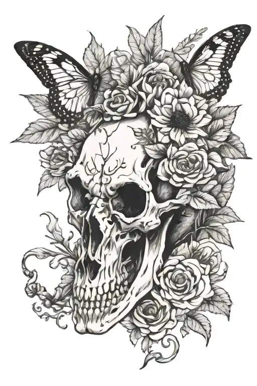 Horse skull with moth and crysanthemum flower tattoo design idea