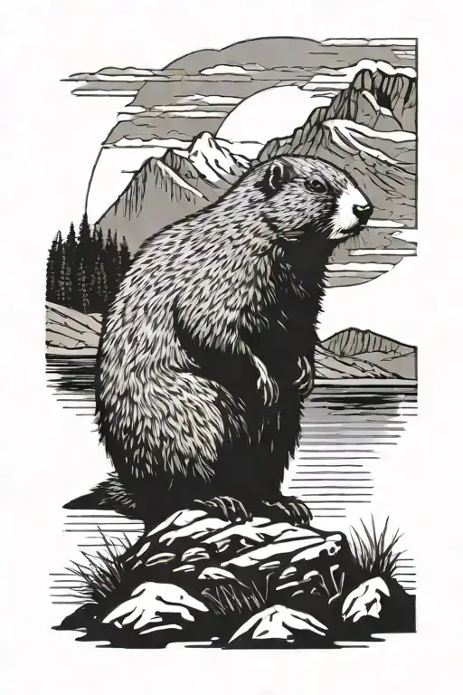 marmot in front of lake scene tattoo design idea