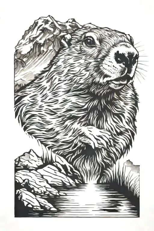 marmot in front of lake surrounded tattoo design idea
