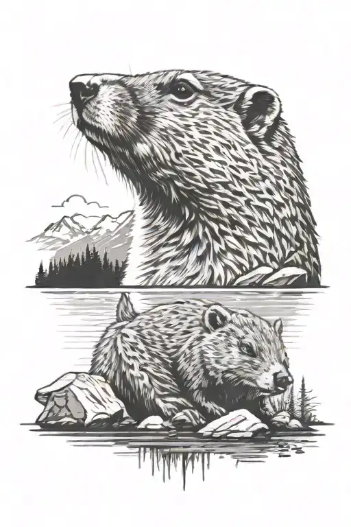 marmot in front of lake surrounded tattoo design idea