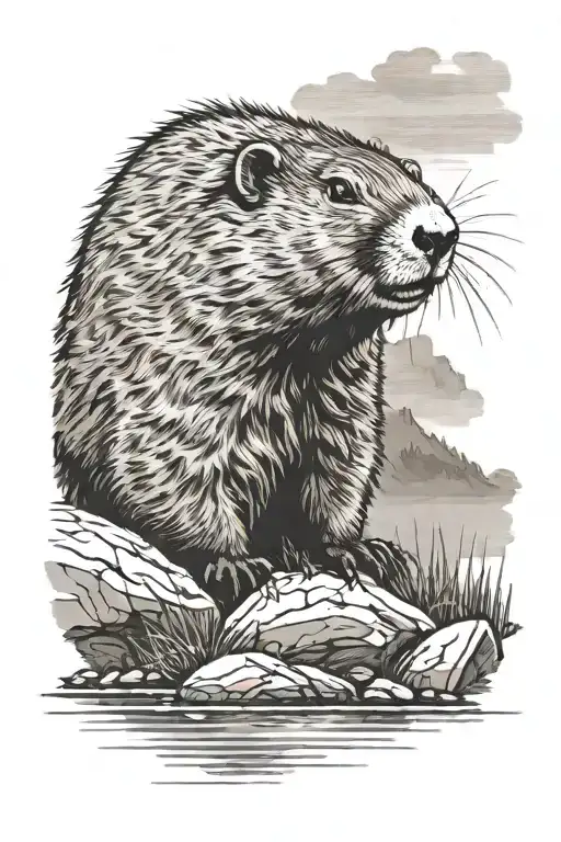 marmot in front of lake tattoo design idea