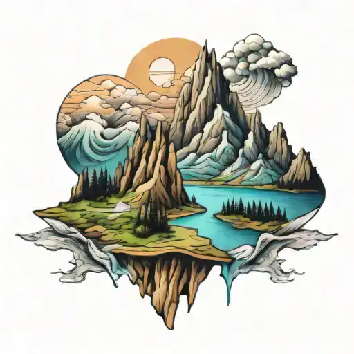 mountain and river tattoo design idea