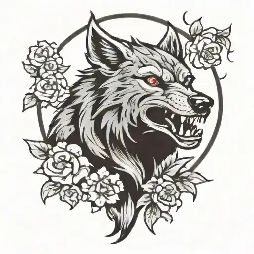 werewolf with moon and stars and flowers tattoo design idea