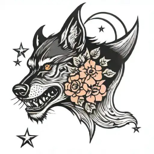 werewolf with moon and stars and flowers  tattoo design idea