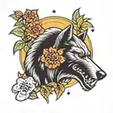 werewolf with moon and stars and flowers  tattoo design idea