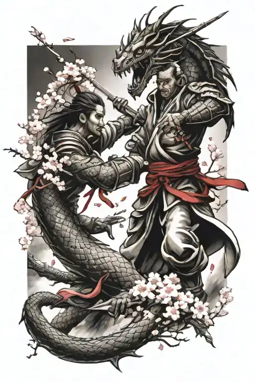 samurai fighting a dragon with cherry blossoms falling. tattoo design idea