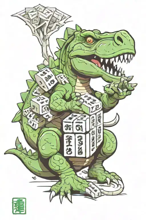baby dinosaur playing Mahjong tattoo design idea