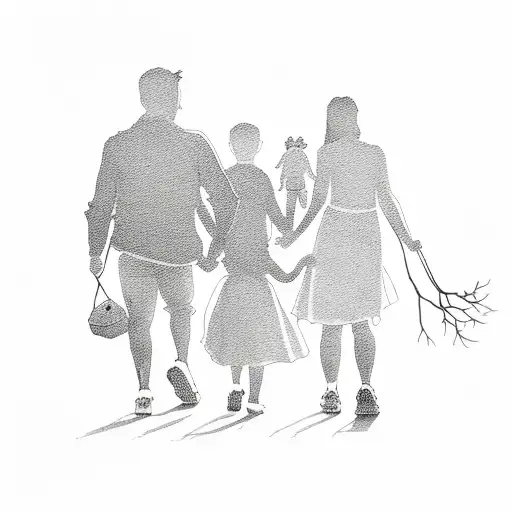 silhouette tattoo of a man a woman and two children one boy and one girl holding hands walking down a road with trees  tattoo design idea