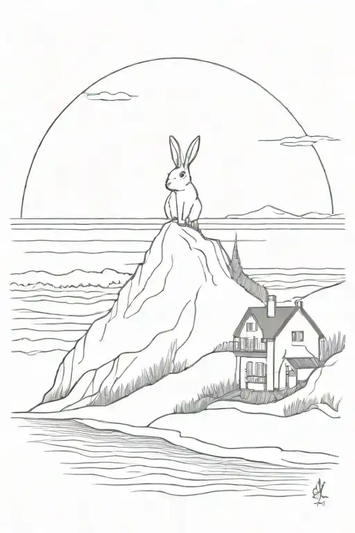 beautiful sunset on top, rabbit with a guitare and a surfboard, waves, cliff and cottage from normandie on the side tattoo design idea