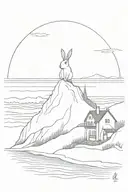 beautiful sunset on top, rabbit with a guitare and a surfboard, waves, cliff and cottage from normandie on the side tattoo design idea