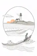 beautiful sunset on top, rabbit with a guitare and a surfboard, waves, cliff and cottage from normandie on the side tattoo design idea