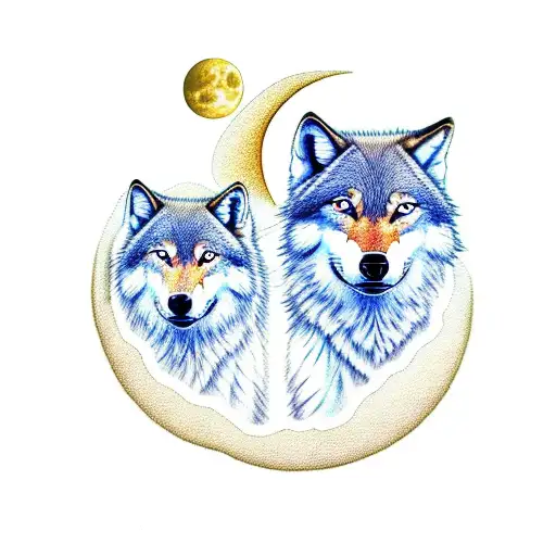 3 wolf cubs walking under moon with coloured eyes tattoo design idea