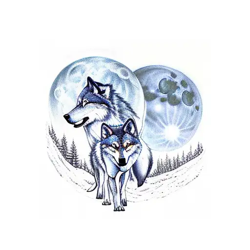 3 Wolf cubs walking under moonlight with coloured eyes tattoo design idea