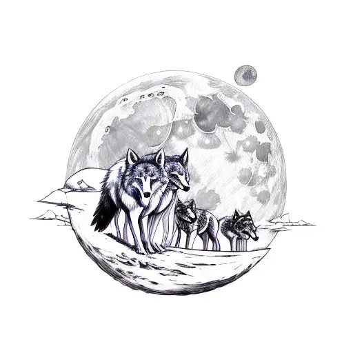 3 Wolf cubs walking under moon tattoo design idea